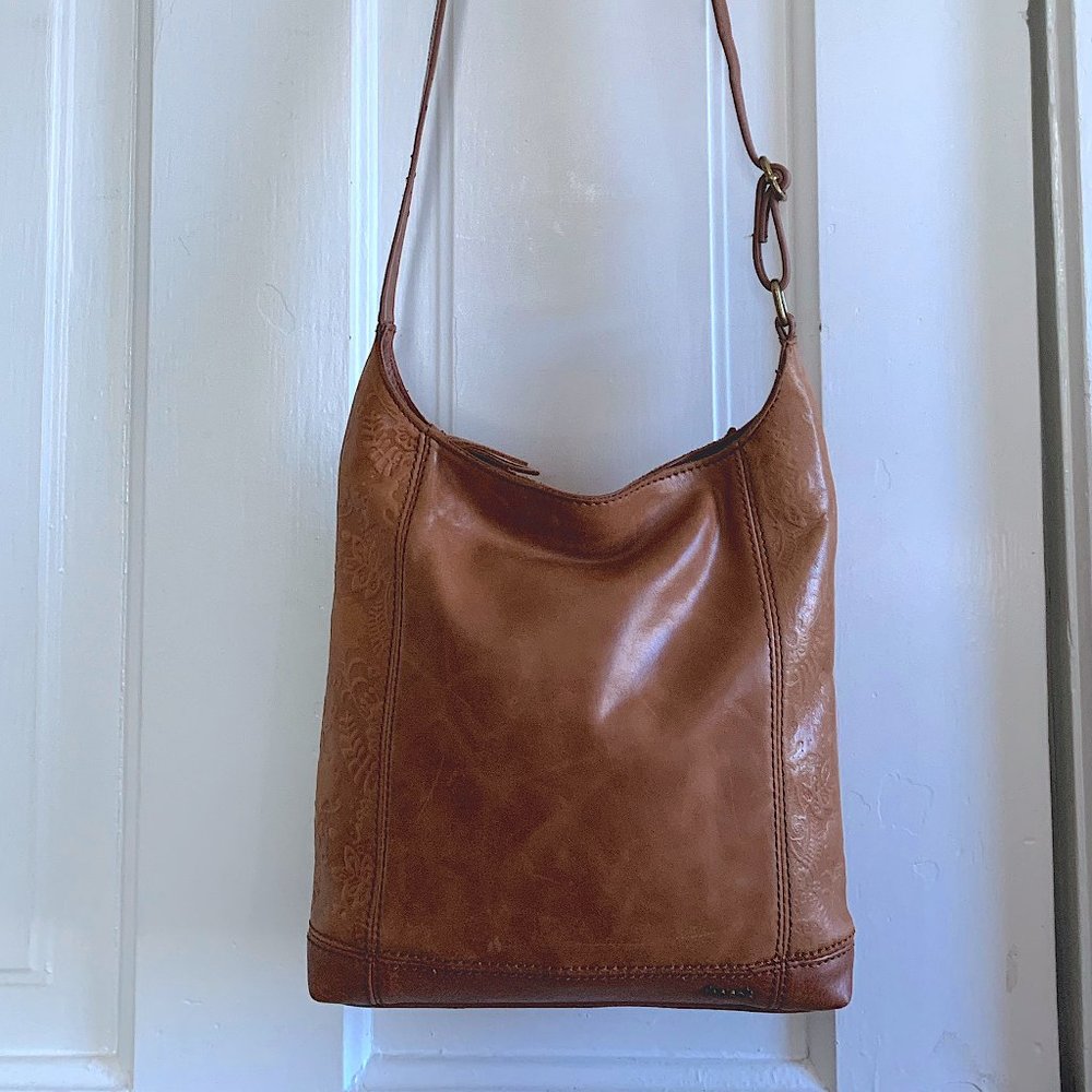 The Sak De Young Tobacco Floral Emboss Distressed Leather Crossbody Purse